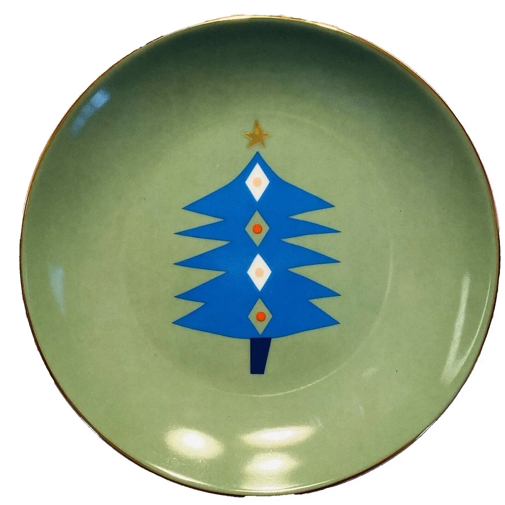 Rare PIER 1 Christmas Tree Plate Set (4) Colorful Holiday Appetizer Canape 6”